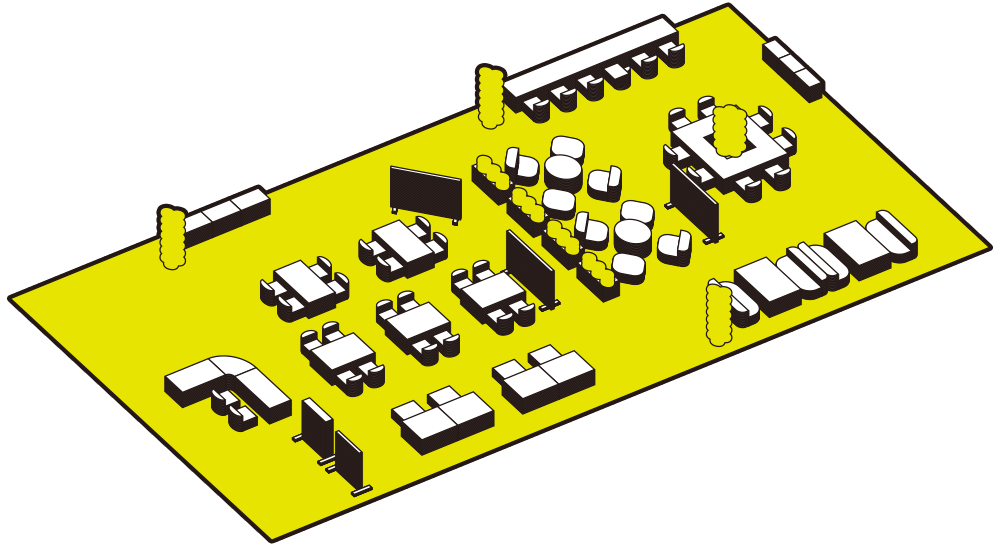 ワークスペースのレイアウト図。複数のテーブルやソファ、仕切りが配置されている広い空間で、会議用のテーブルやラウンジエリアも含まれている。